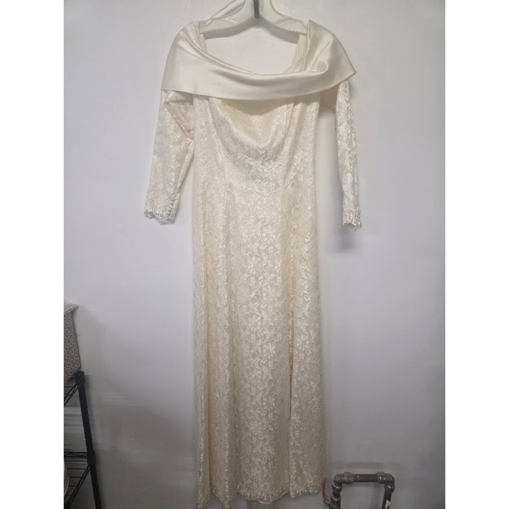 Vintage Bridal Originals Wedding Dress Ivory Lace Off Shoulder Satin Bow Size 10